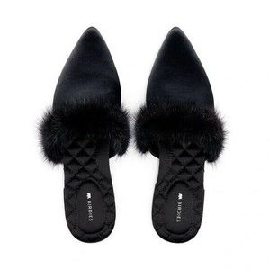 Birdies Womens Dove Black  Mink Fur Pointed Toe Mules Flat